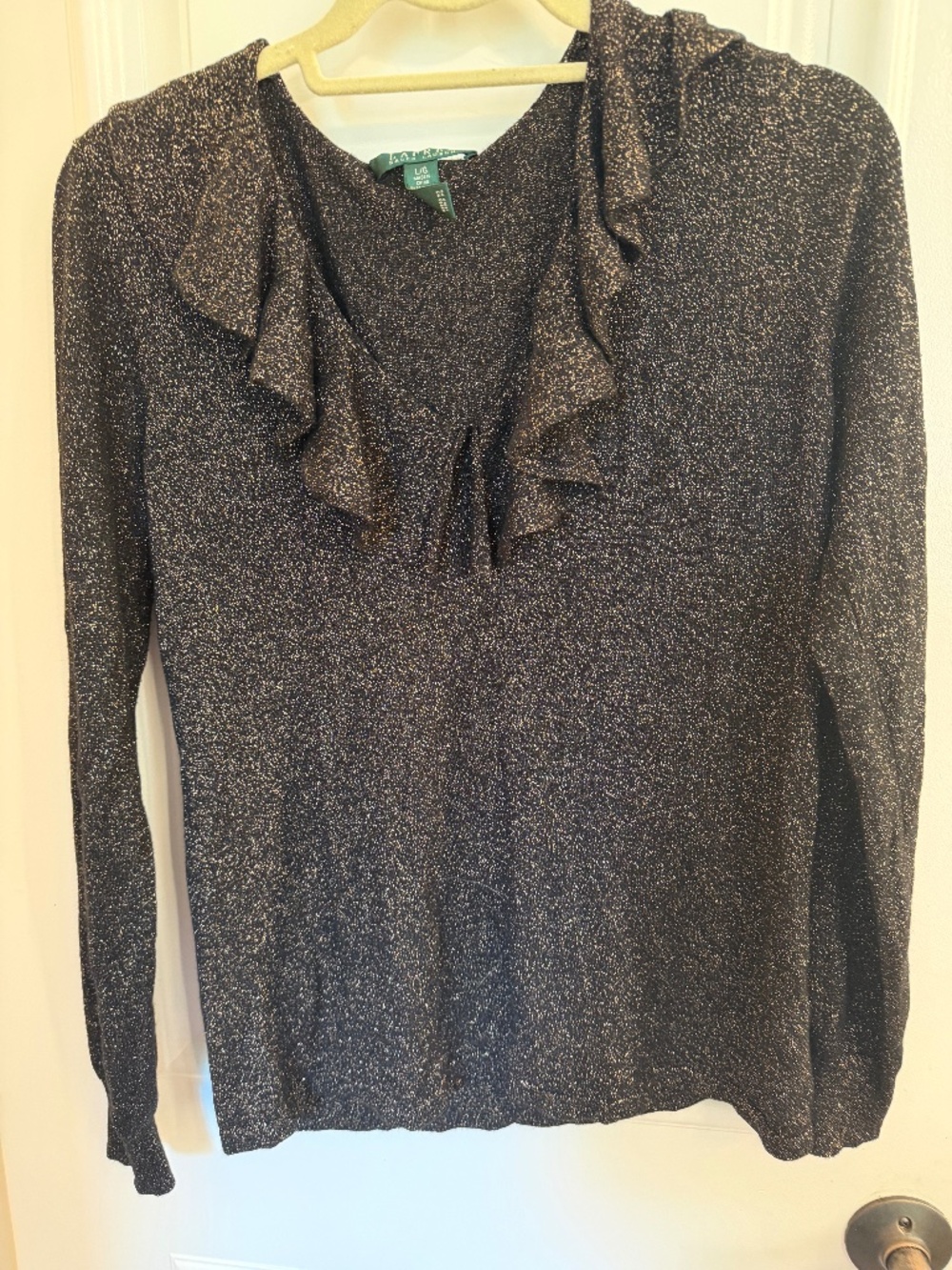 Ralph Lauren black and gold long sleeve ruffle top size L